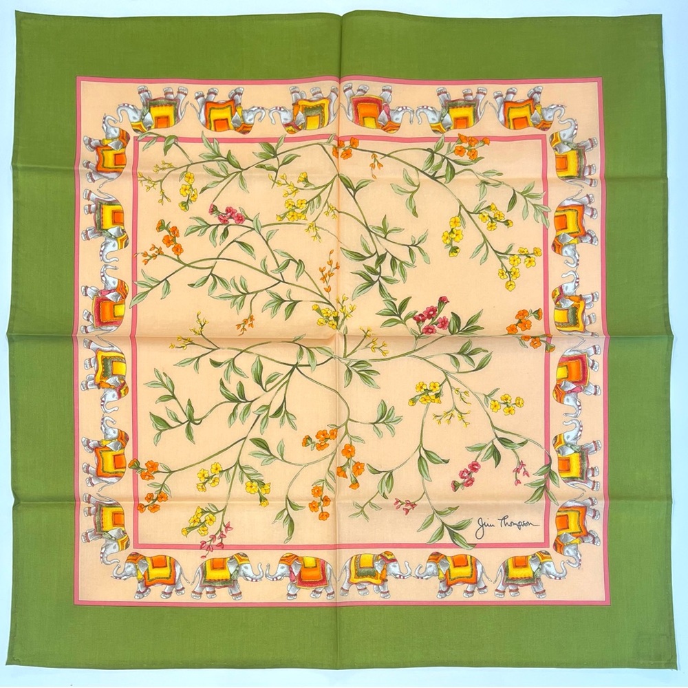 HANDKERCHIEF VINTAGE JIM THOMSON ART ELEPHANT GREEN COTTON POCKET SQUARE 18”